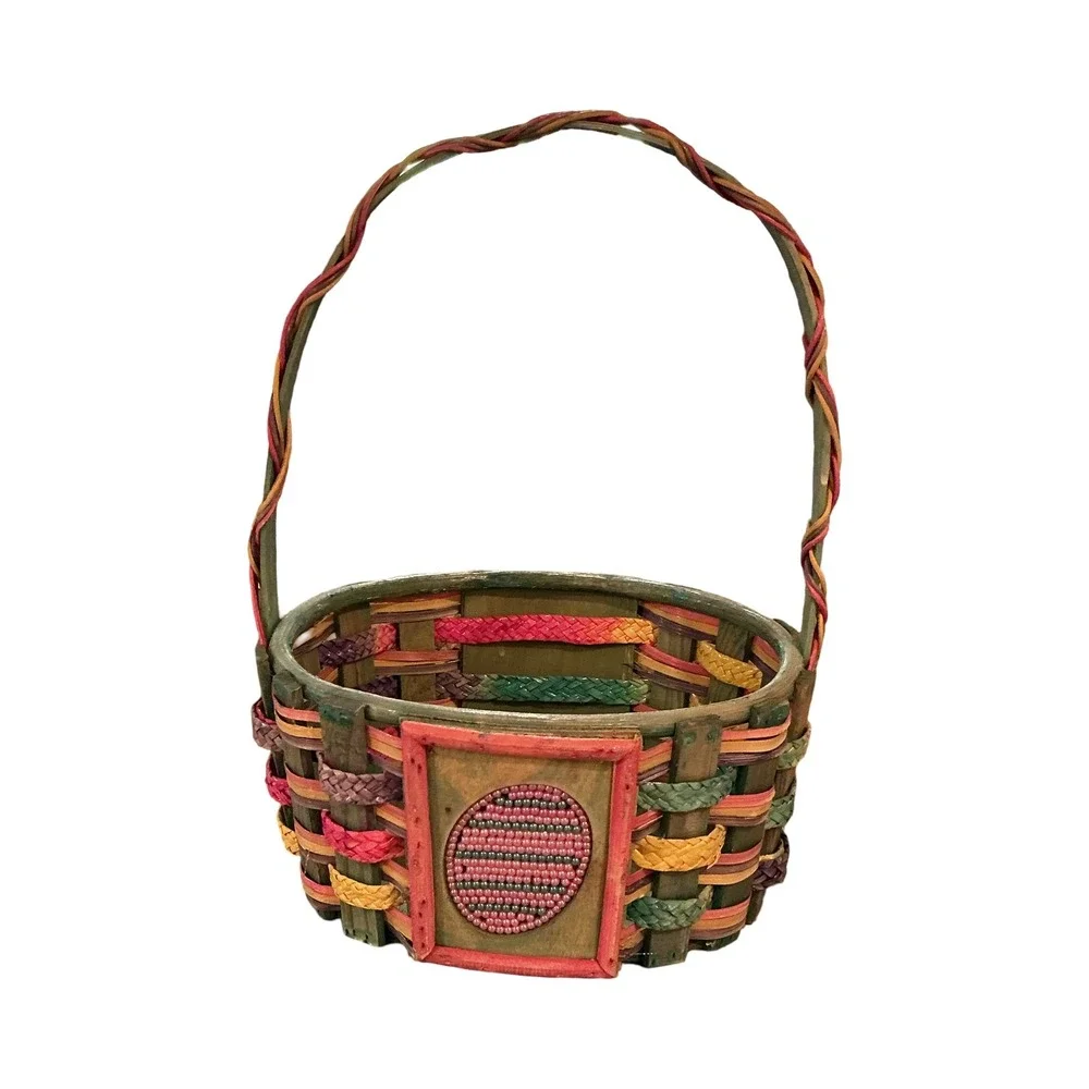 Vintage Multi Color Woven Wood Easter Basket Beaded Detail Boho Decor 13in Tall